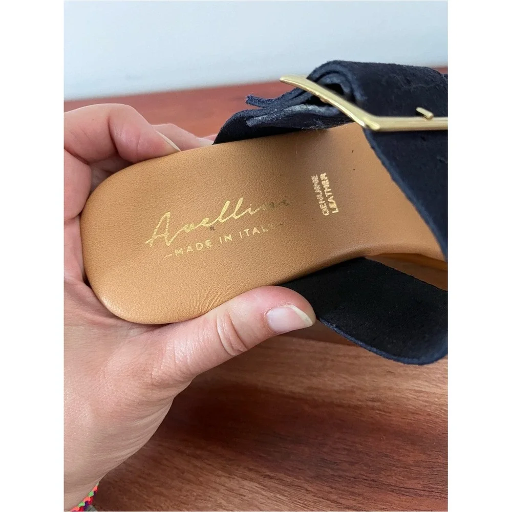 Avellino Italy Navy Blue Suede Wood Platform Block Heel‎ Sandals 39 8 3708